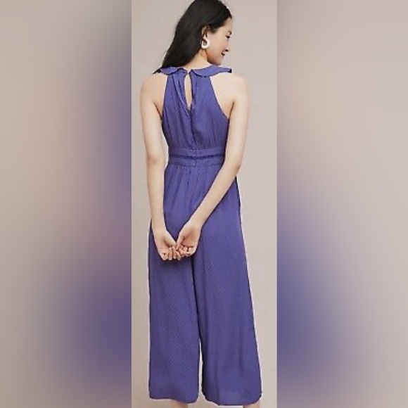 Anthropologie | Maeve Syros Ruffled Blue Pin Dot Flowing Wide Leg Jumpsuit - Picture 5 of 10